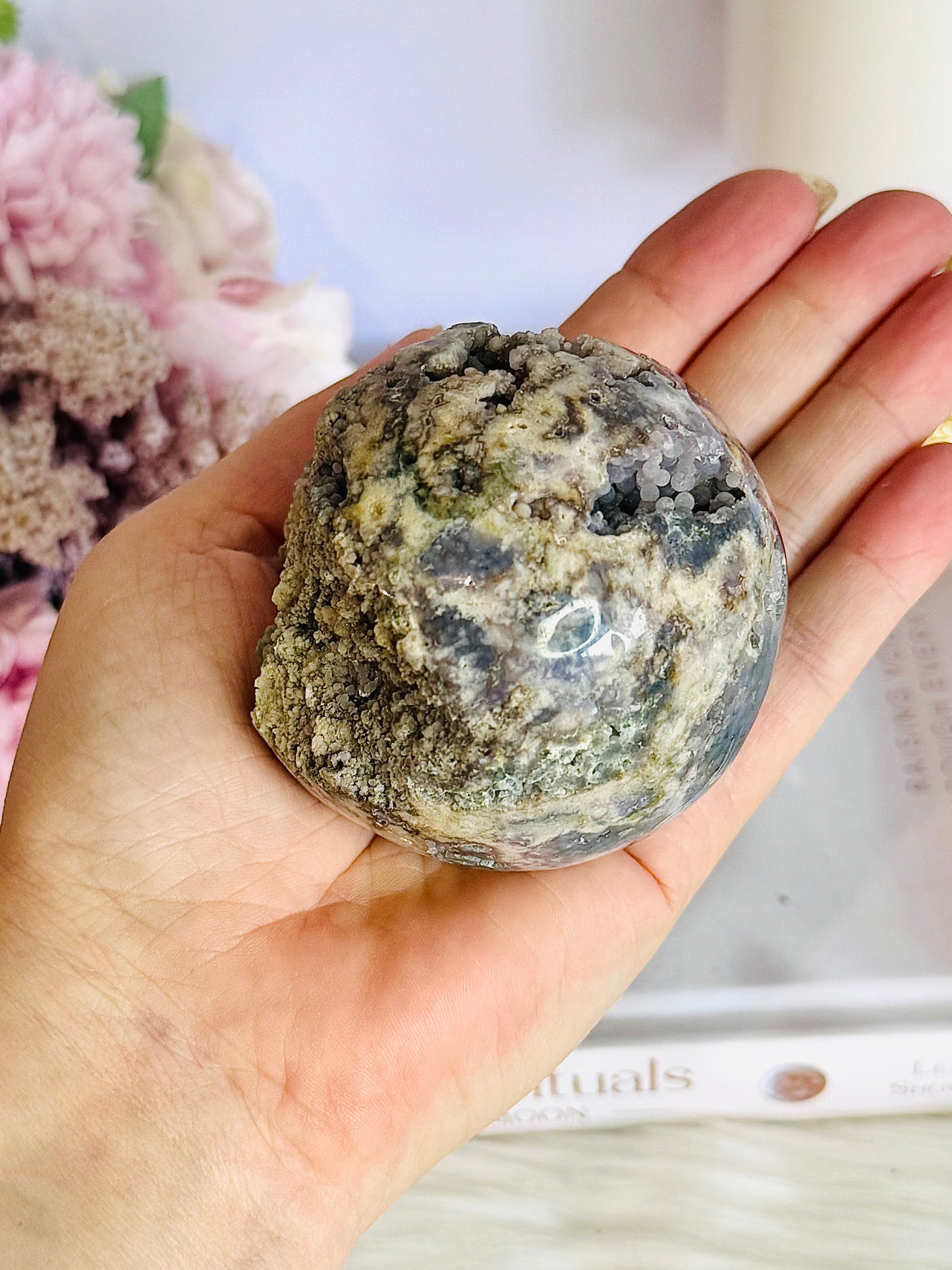 Gorgeous Natural Large Grape Agate Sphere 314grams On Stand