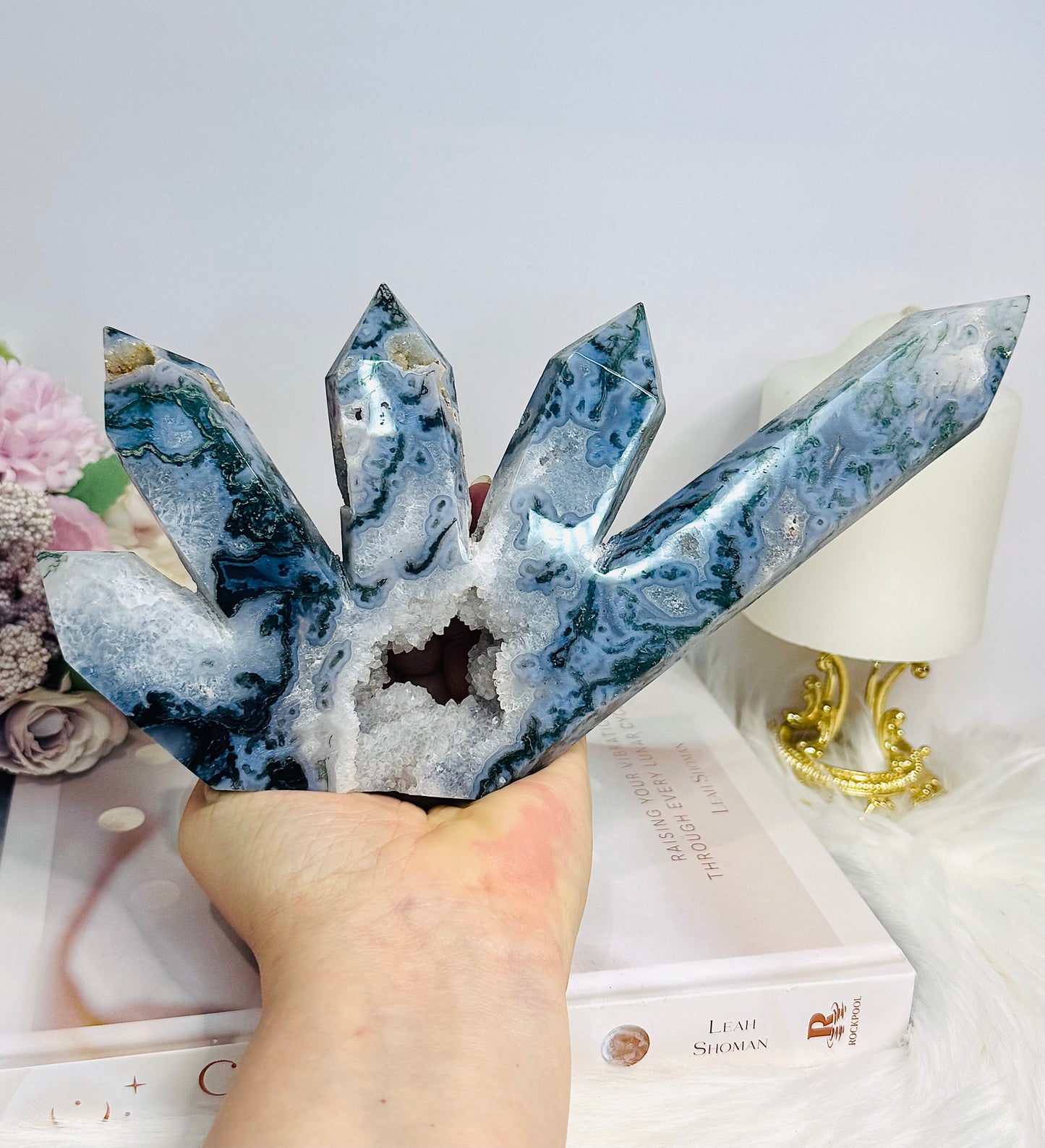 Moss Agate Druzy 5 Point Tower 22cm 638g