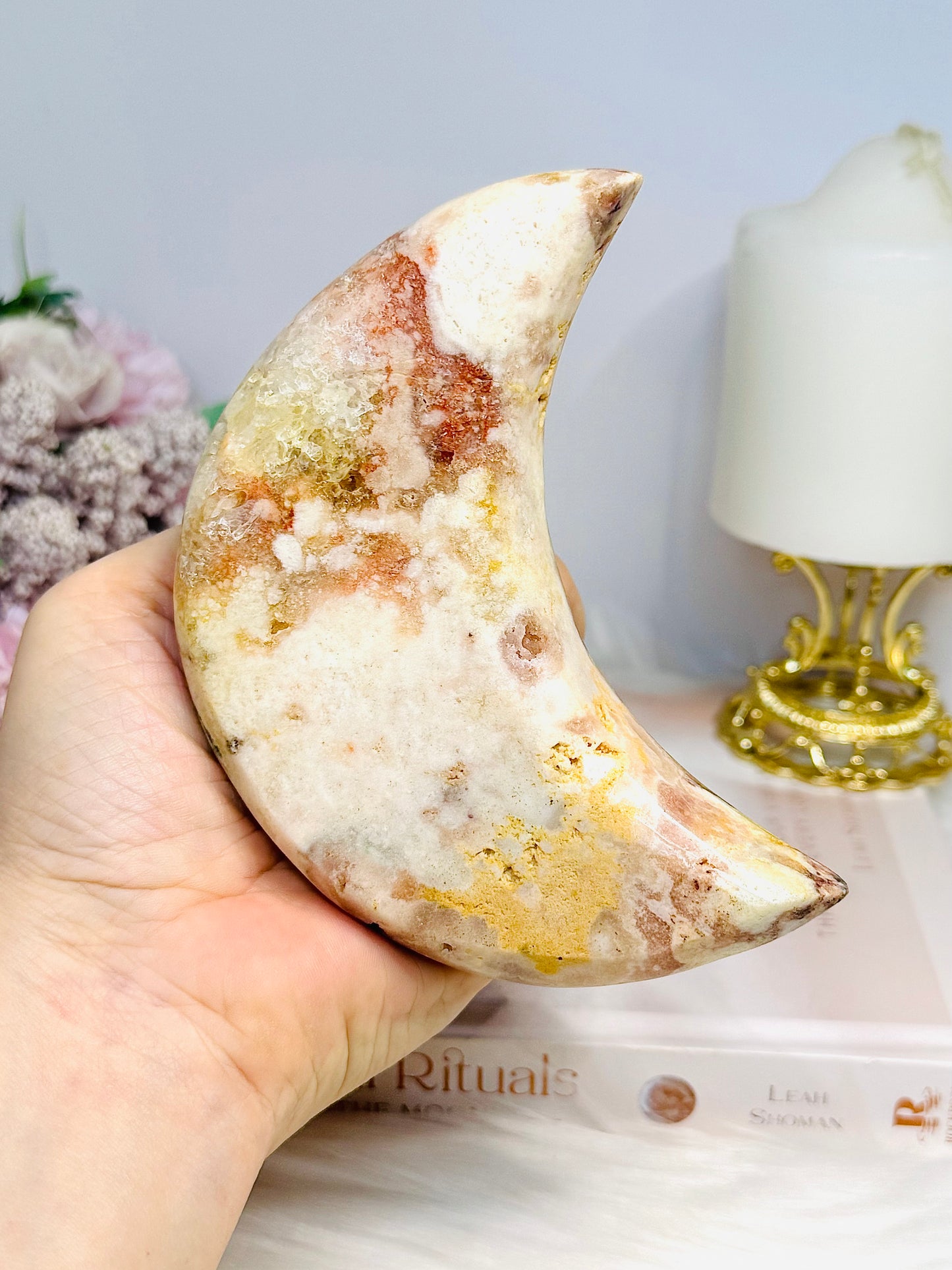 Large Chunky Pink Amethyst Carved Druzy Moon On Stand 12.5cm 471g