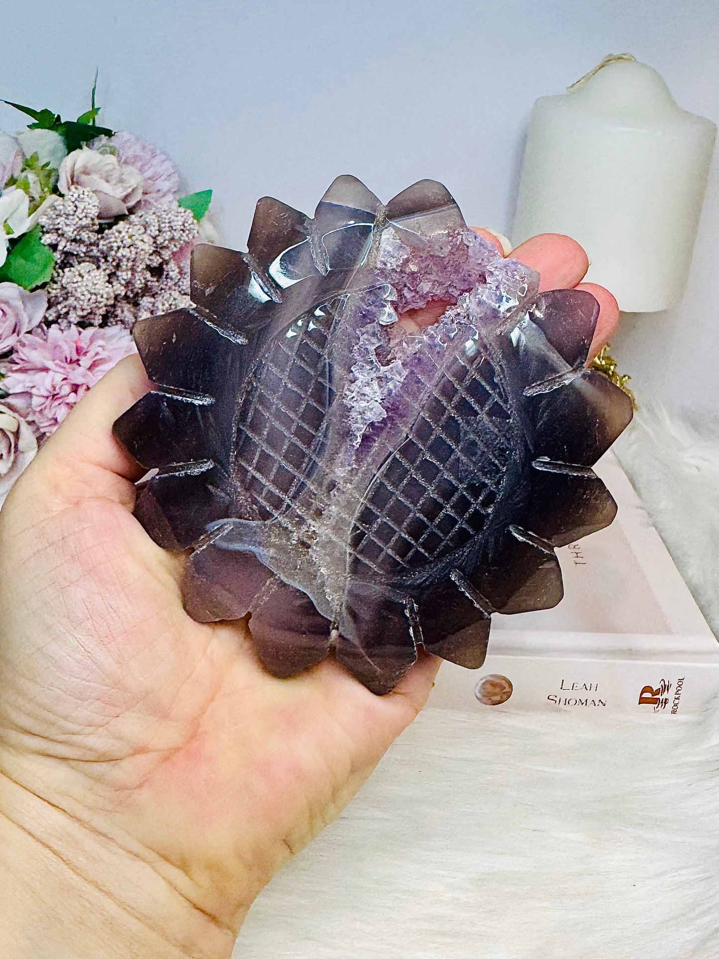 Large Druzy Amethyst X Agate Sun Flower Carving on Stand 23cm