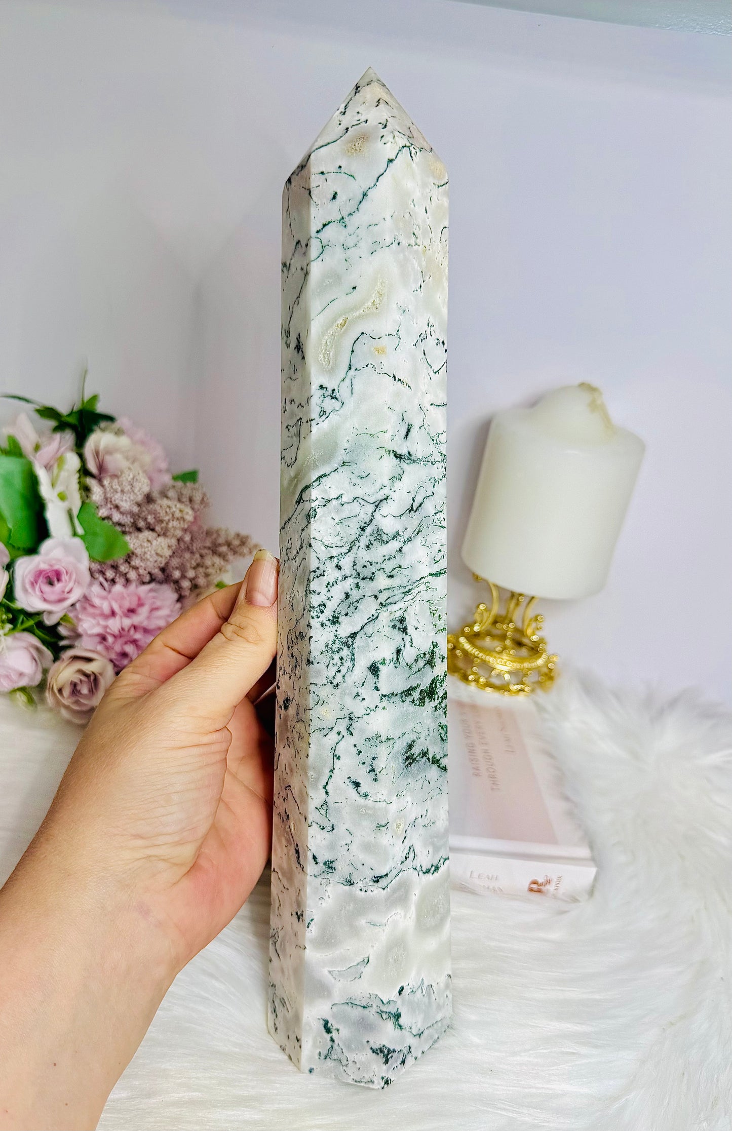 Huge Moss Agate in Quartz Druzy Tower 31cm 1.45KG