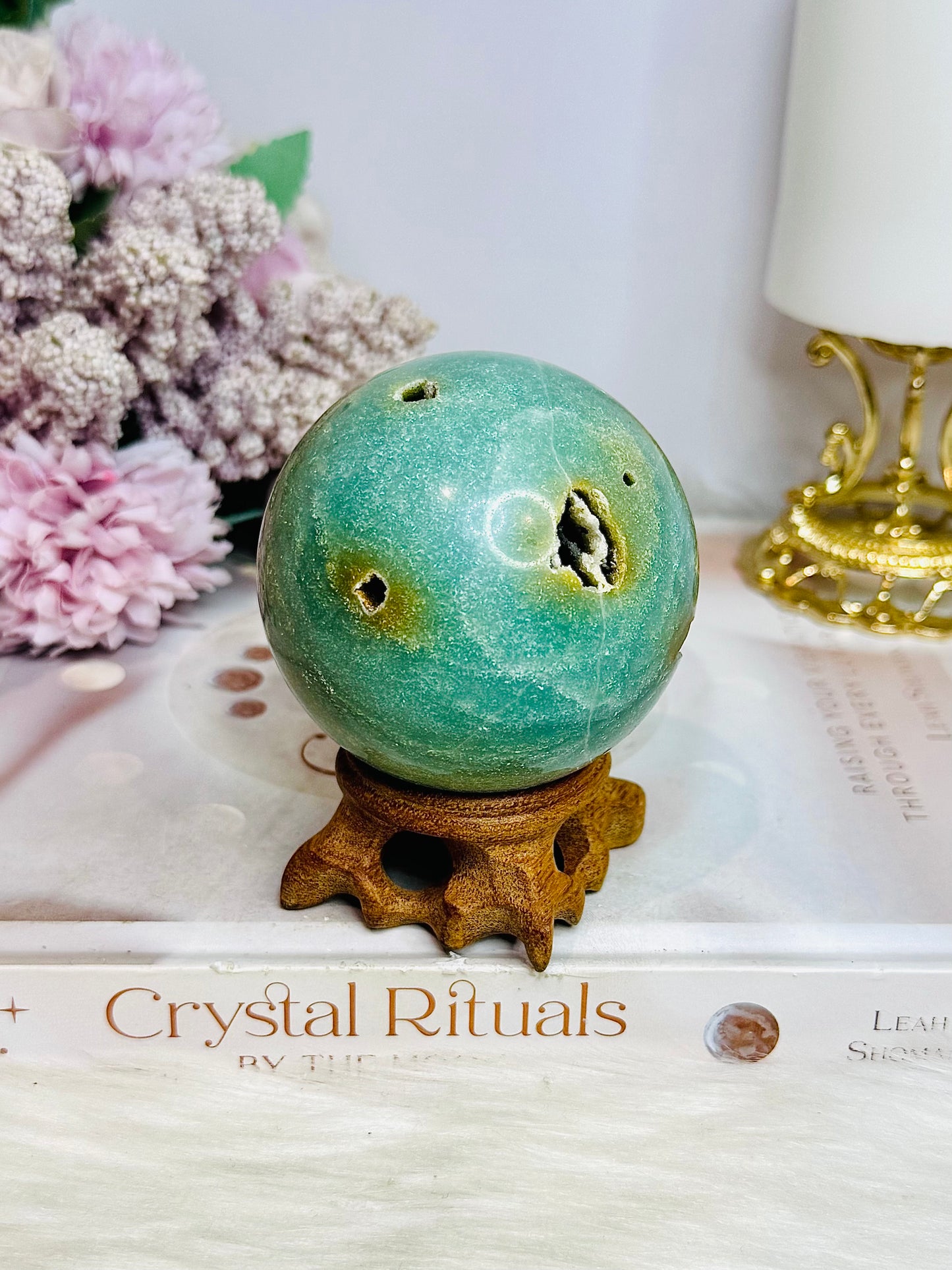 Druzy Sky Blue Quartz Sphere with Imperfections (chip) on Stand 360g