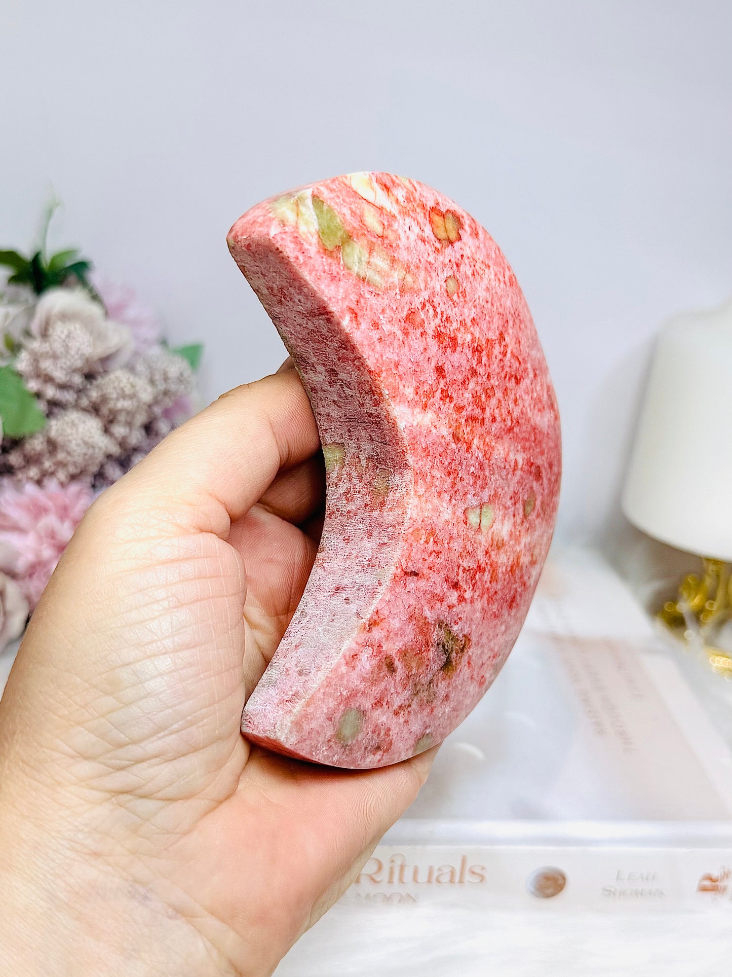Large Rare Thulite with Epidote Carved Moon on Stand 377g