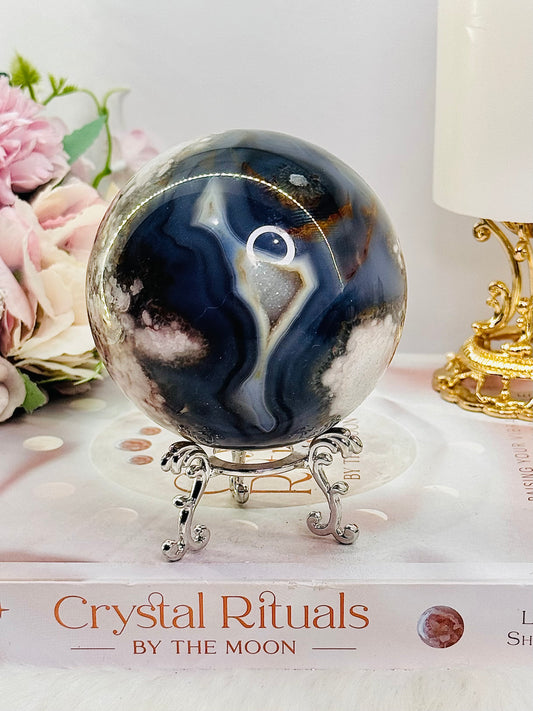 Magical Large 685gram Druzy Black | Blue Cherry | Flower Agate Sphere on Stand