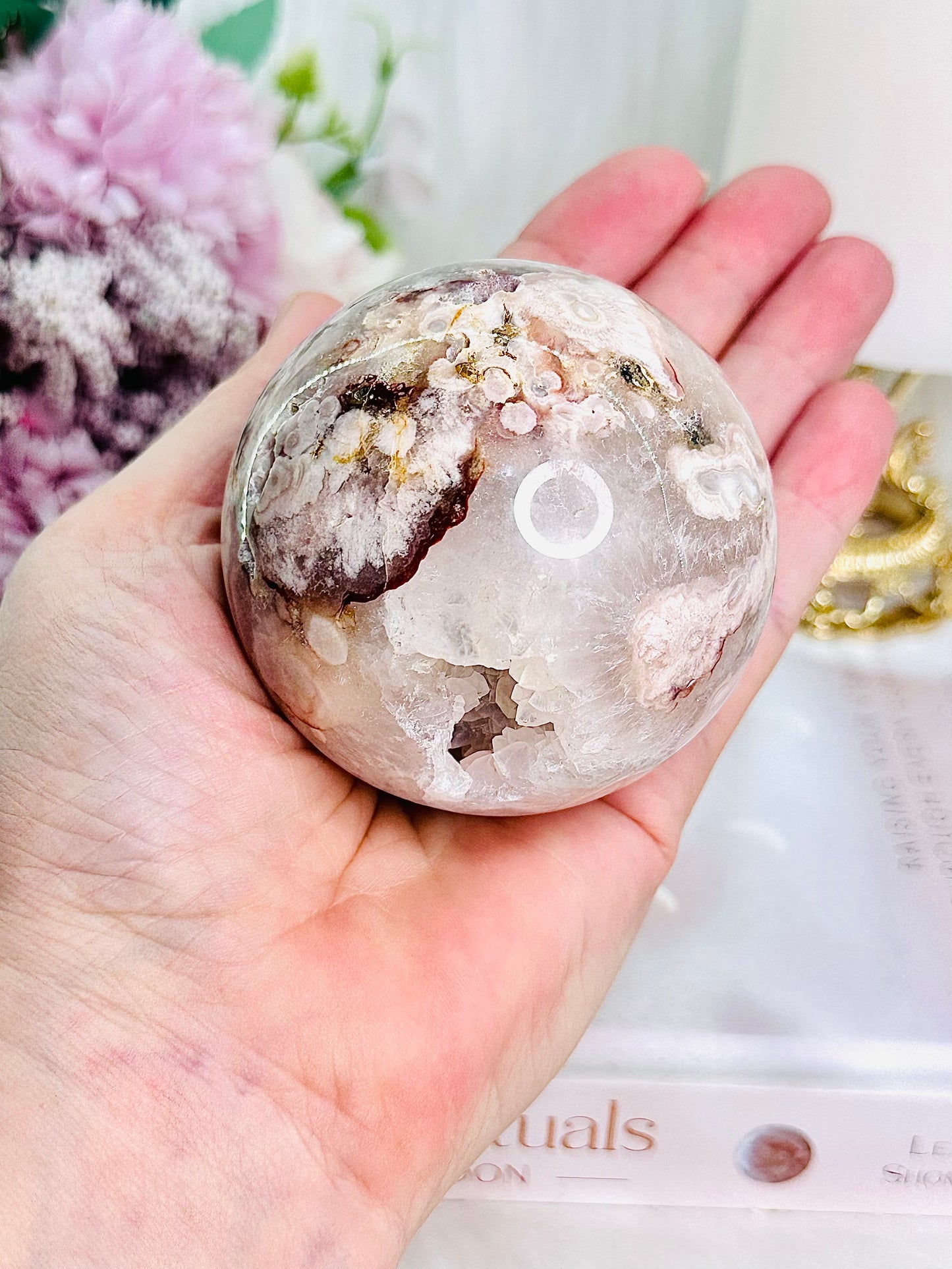 Absolutely Divine 395gram Druzy Flower Agate Stunning Sphere From Madagascar ~Comes on Silver Stand (glass stand in pic is display only)