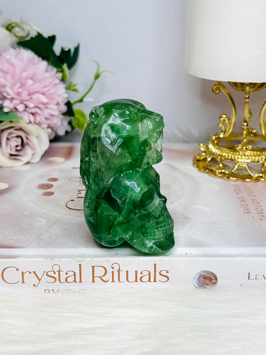 High Grade Green Fluorite Carved Skull with Lion Head 7cm