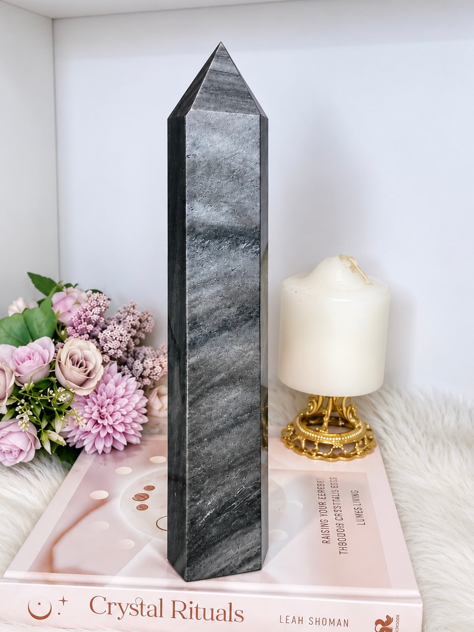 Huge Silver Sheen Obsidian Tower 28.5cm 1.1KG