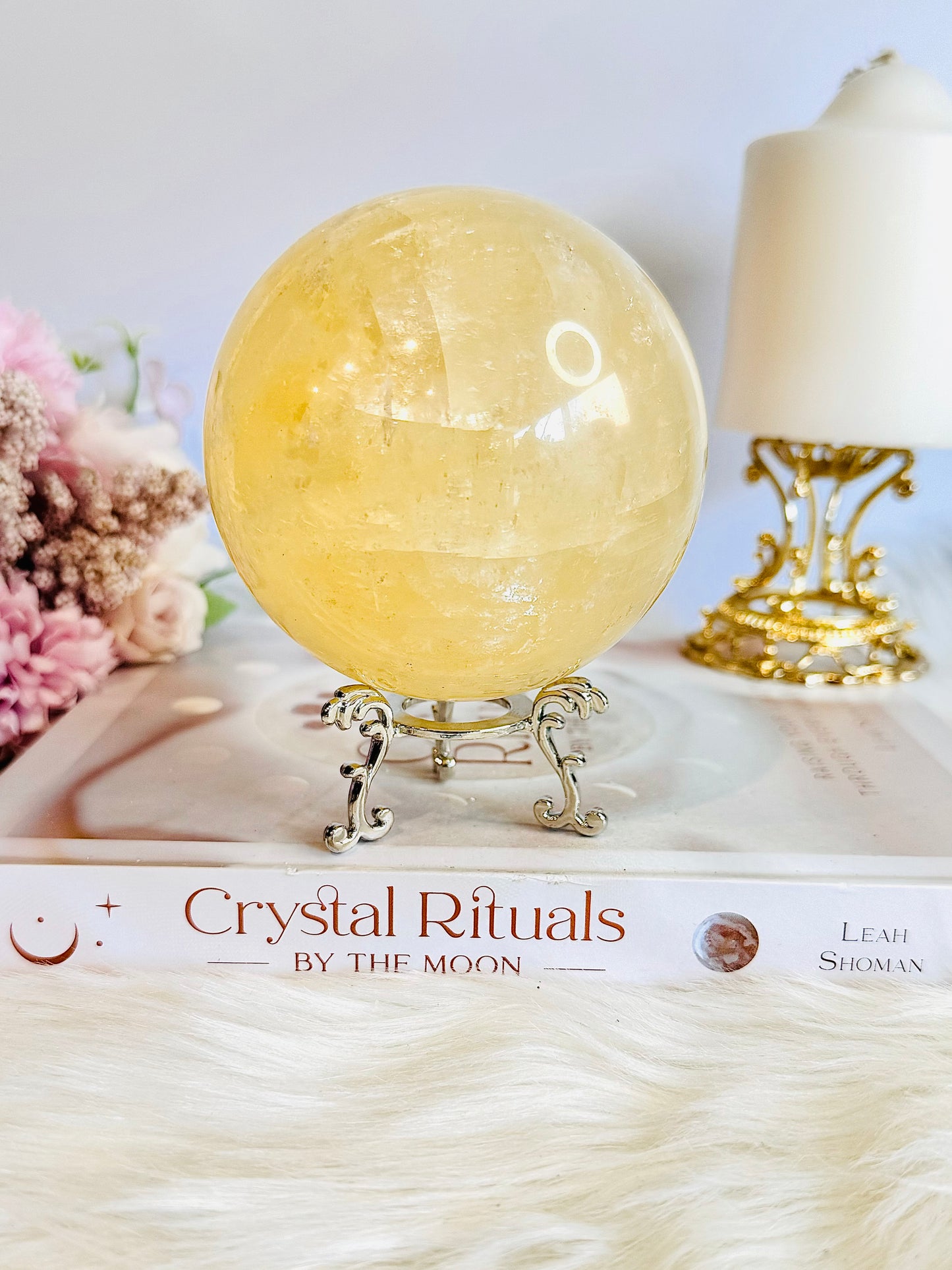 Gorgeous Large 961gram Natural Honey Calcite Sphere with Rainbows On Stand