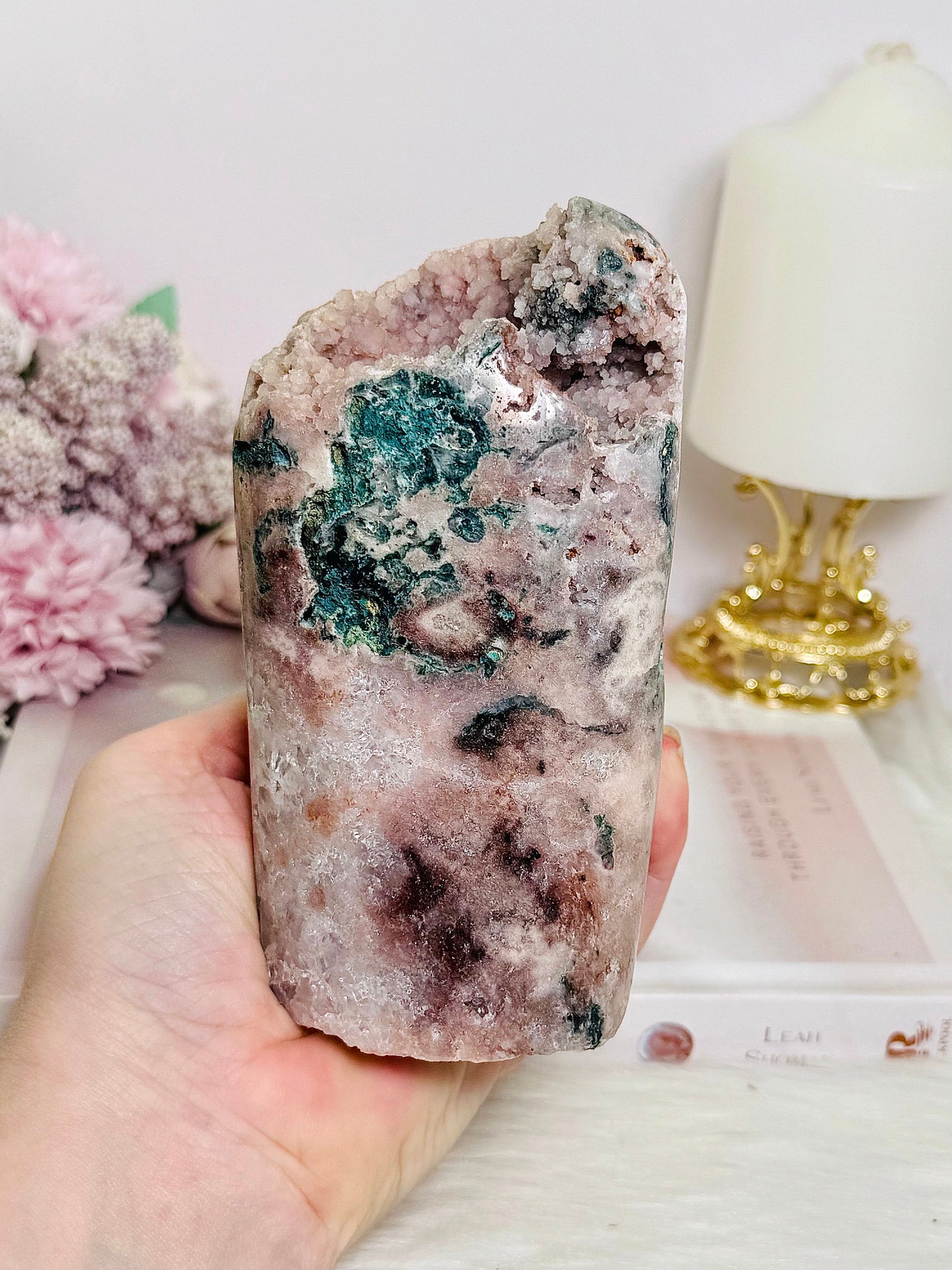 Large Pink Amethyst Druzy Freeform with Moss Agate Inclusions 775g