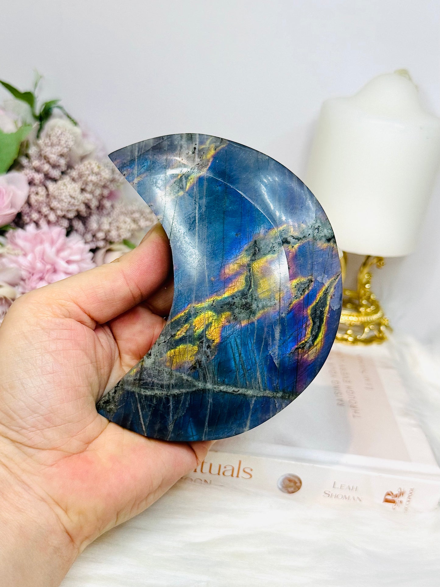 High Grade Large Labradorite Carved Moon Full of Flash 19.5cm