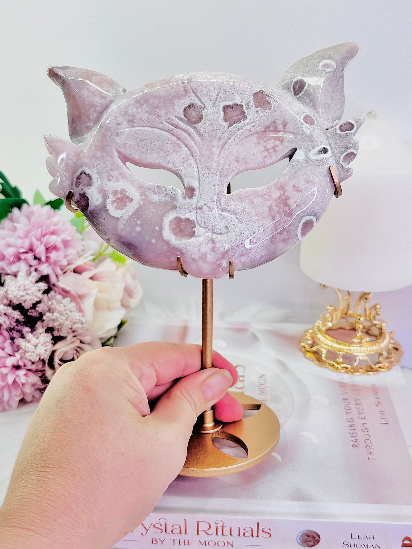 Wowww!!!!! Absolutely Incredible Large 20cm (Inc Stand) High Grade Pink Amethyst Cat Mask On Gold Stand