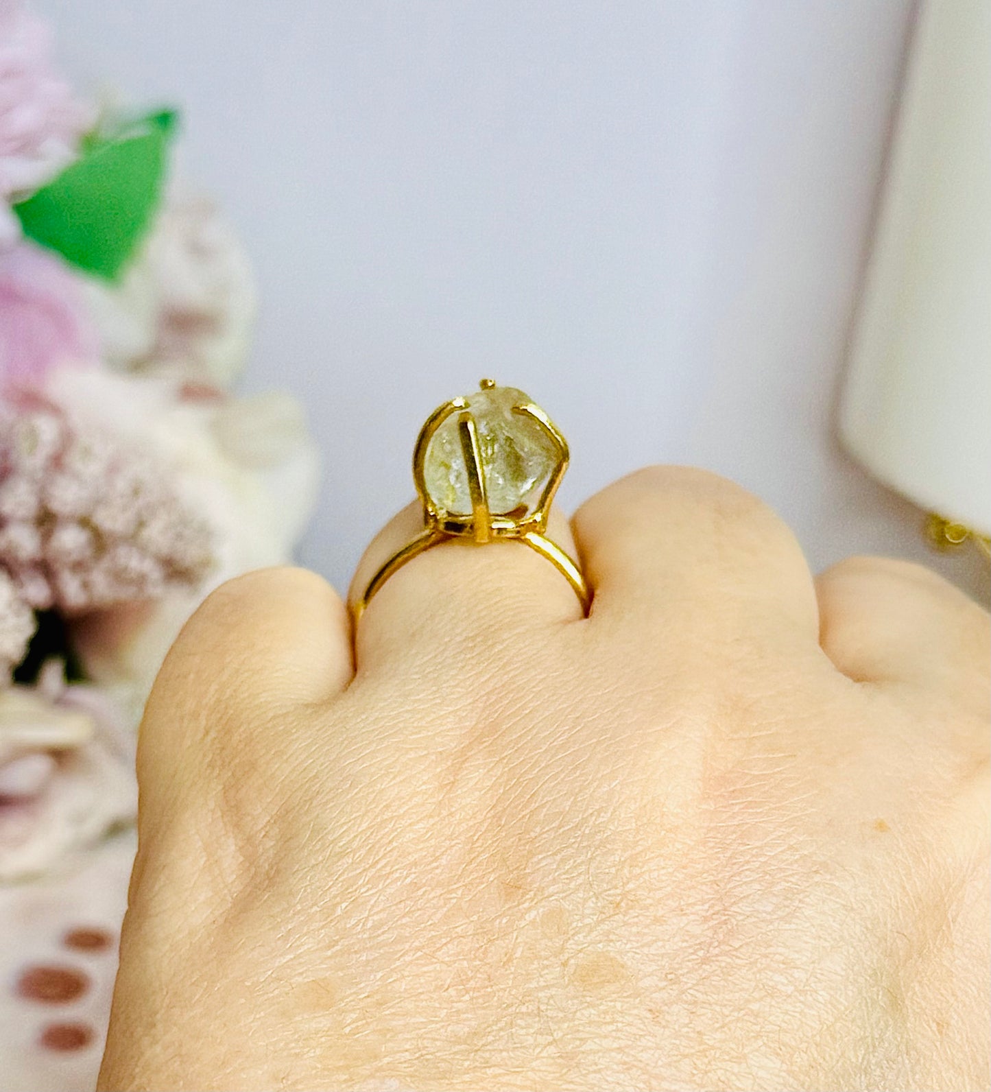 Prasiolite | Green Amethyst Gold Plated Adjustable Ring In Gift Bag