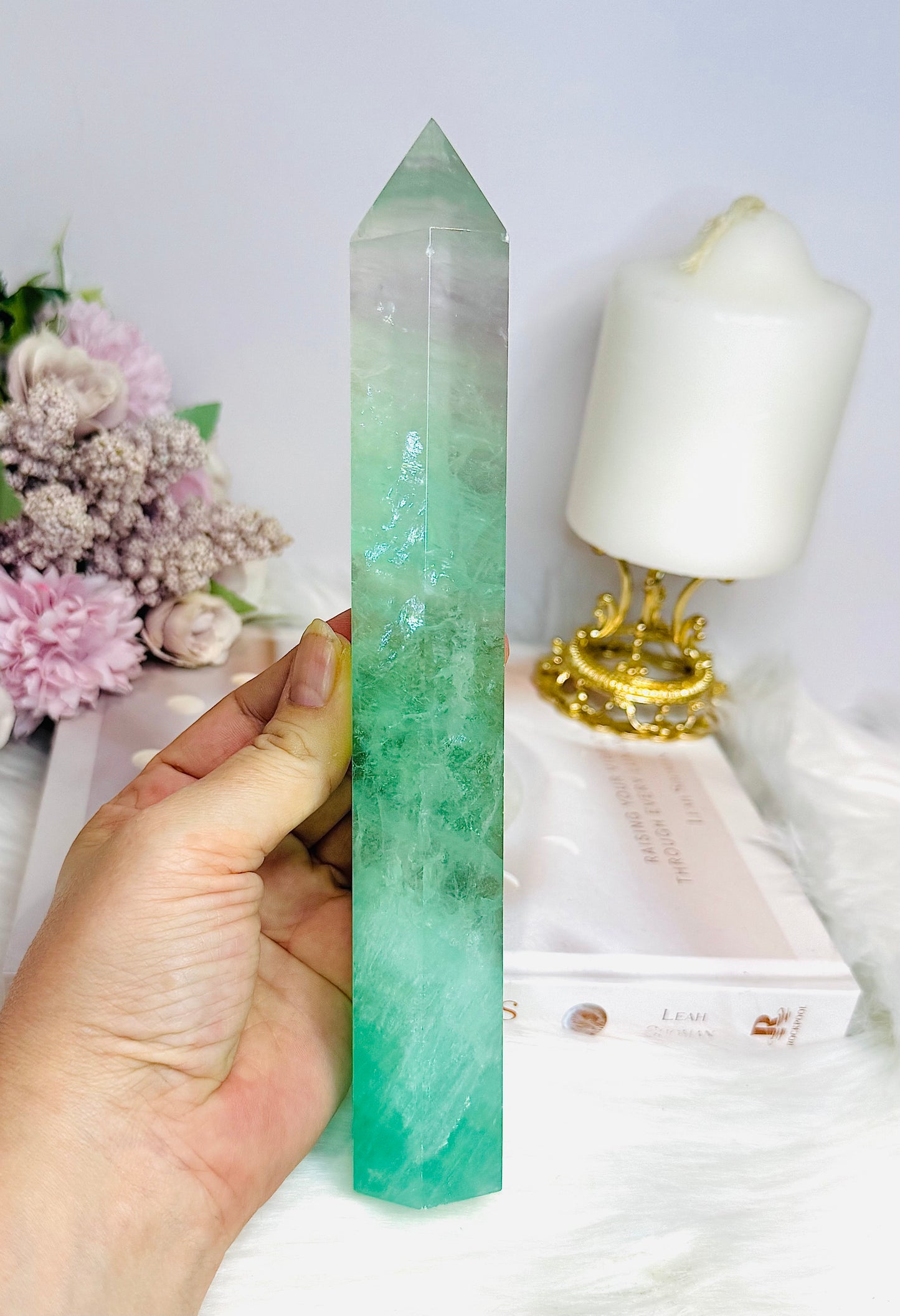Green Watermelon Fluorite Tower with Rainbows 21.5cm
