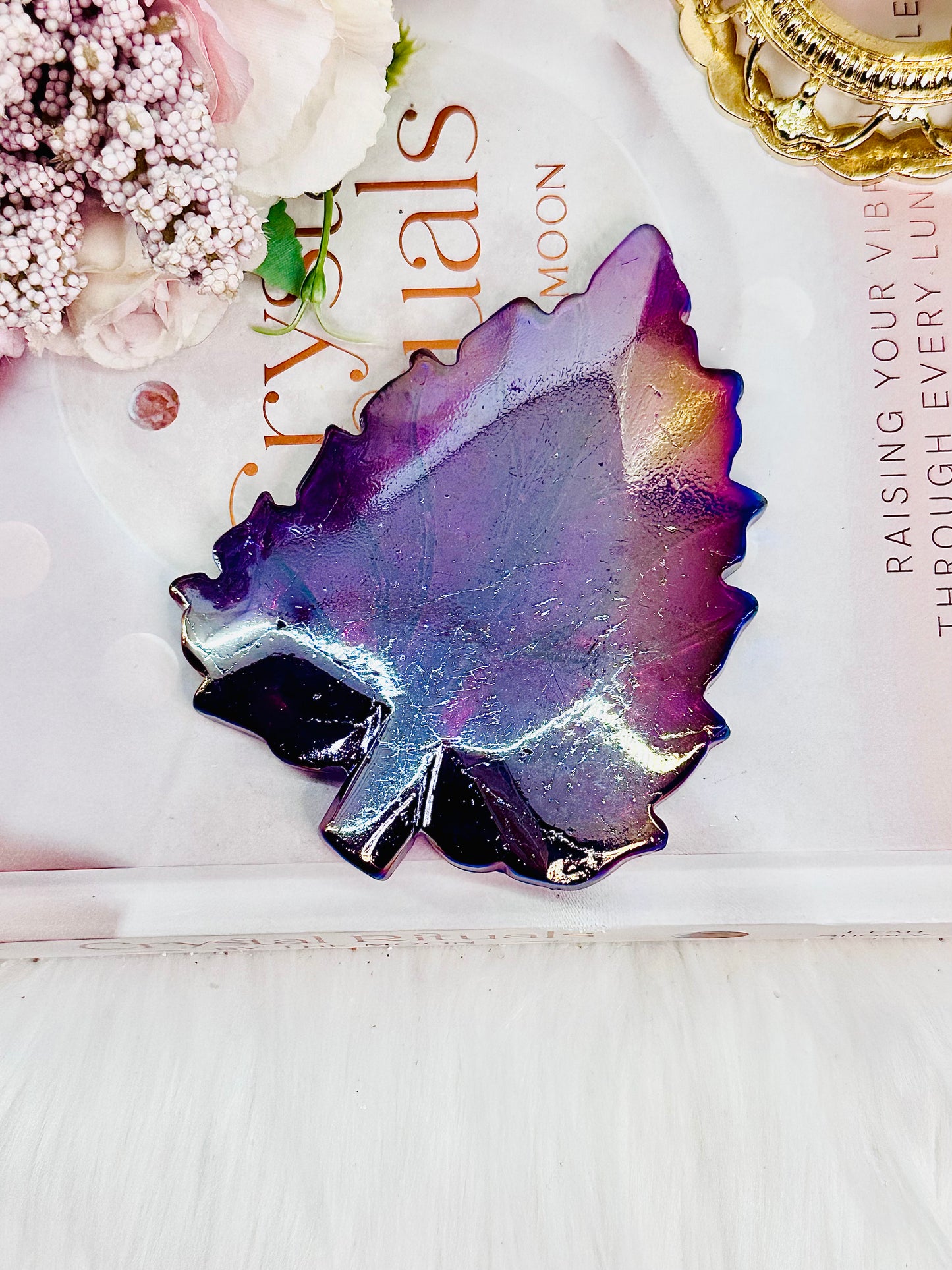 Stunning Aura Purple Quartz Leaf Carving 11cm