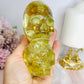 High Grade Citrine Carved Skulls with Rainbows 12cm 425g