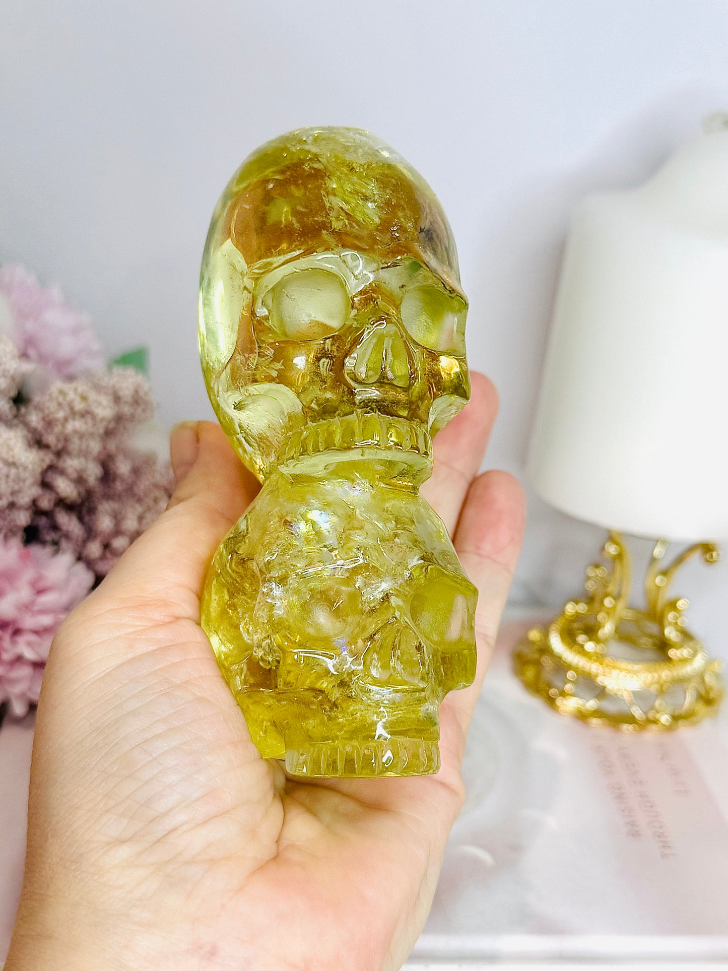 High Grade Citrine Carved Skulls with Rainbows 12cm 425g