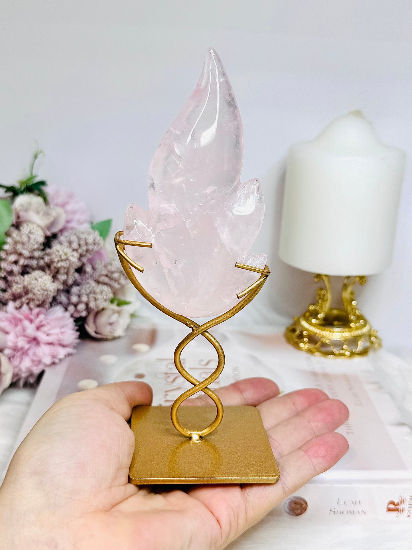 Rose Quartz Flame on Gold Stand 16cm