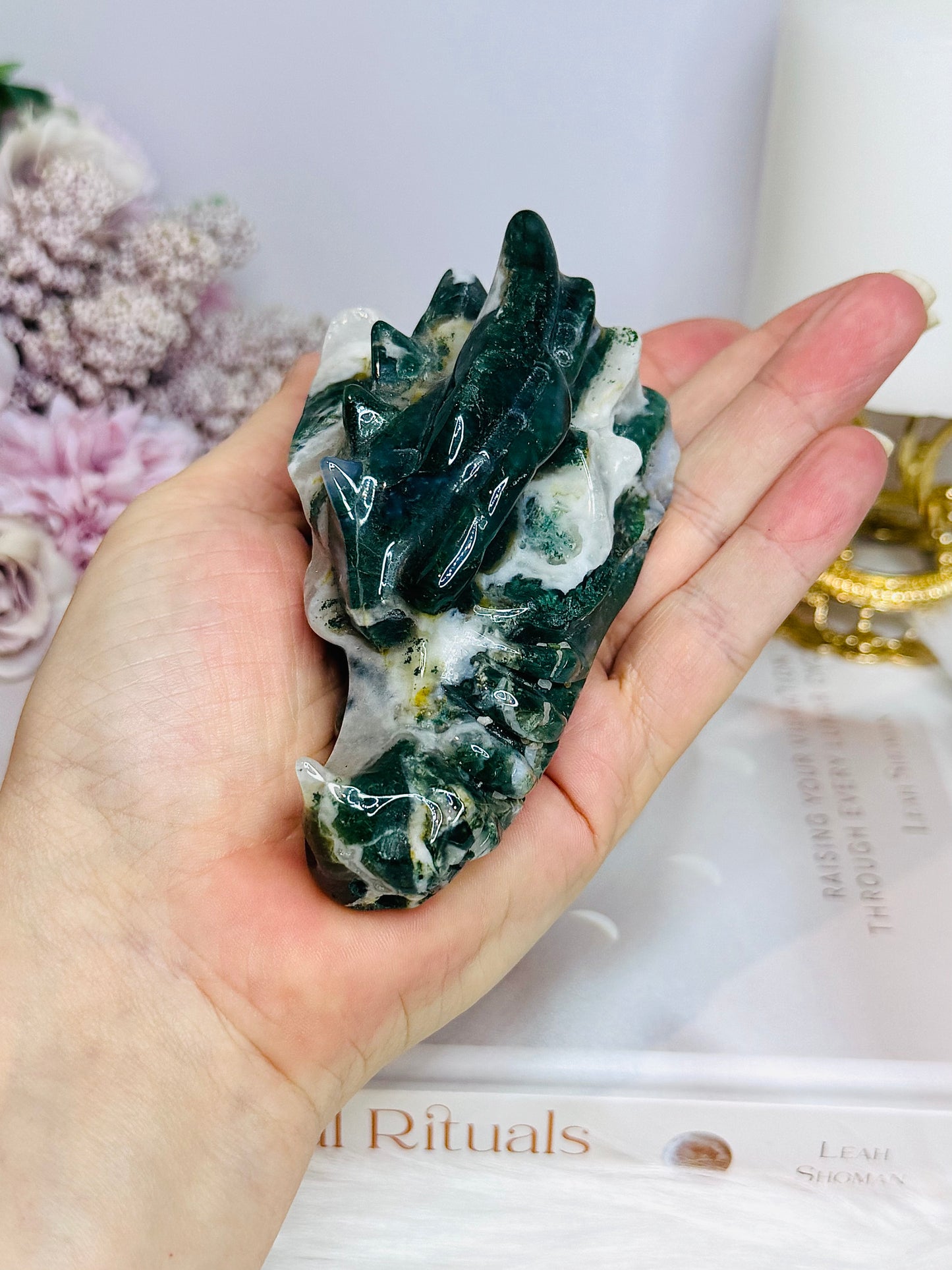 Moss Agate Carved Dragon Head 220g 9.5cm