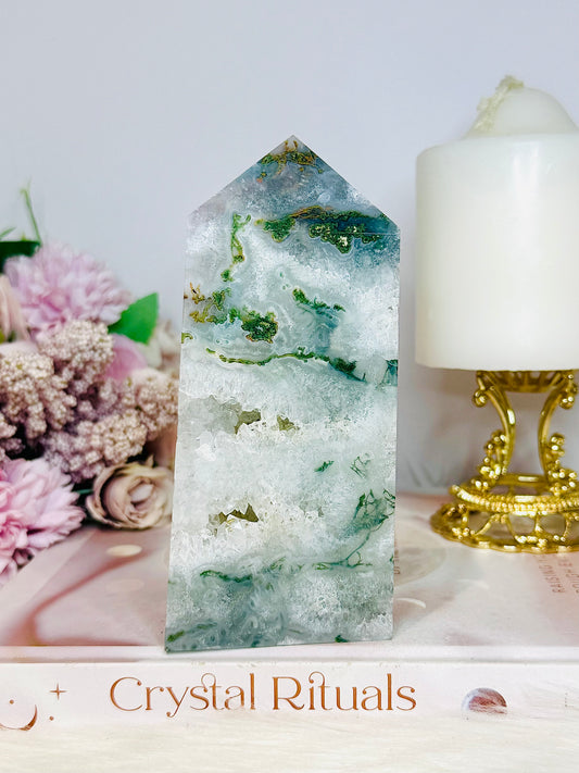 Druzy Moss Agate Thick Chunky Tower 481g