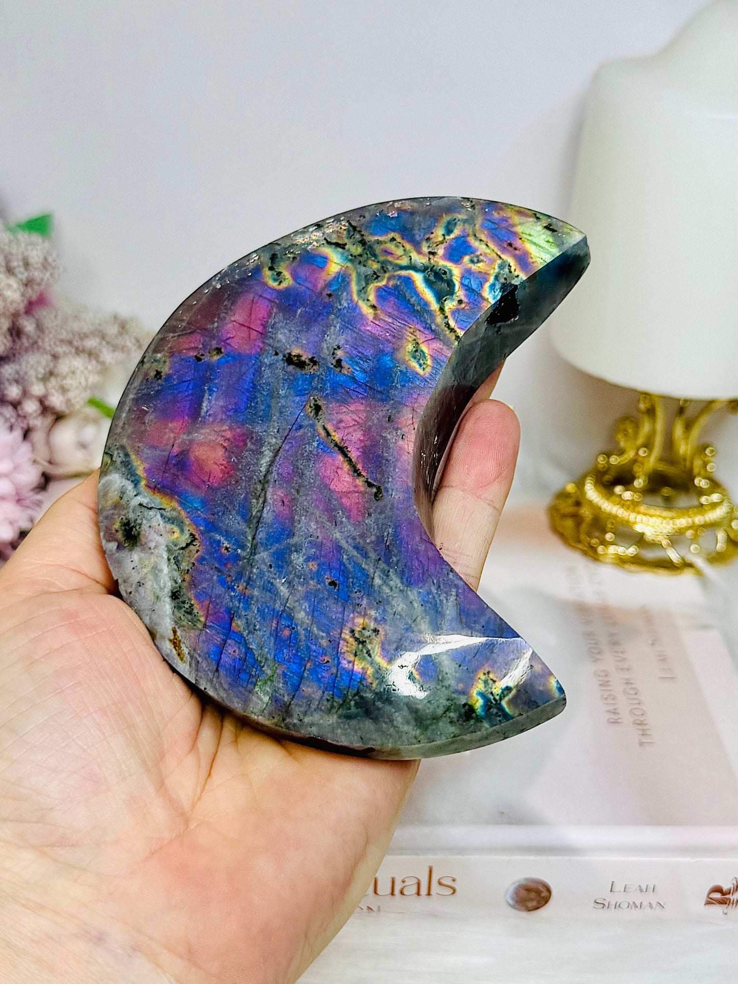 High Grade Large Labradorite Carved Moon Full of Flash 18.5cm
