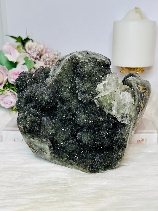 Huge Natural Green Amethyst | Prasiolite Specimen with Calcite Inclusions 16.5cm  2.45KG