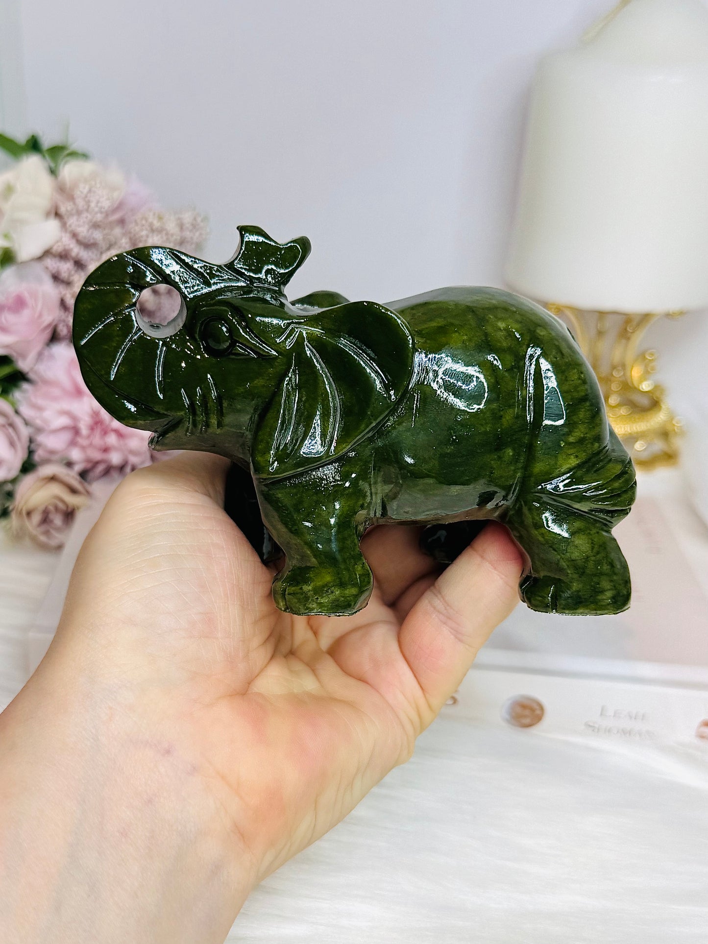 Large Green Jade Carved Elephant 12cm 503g