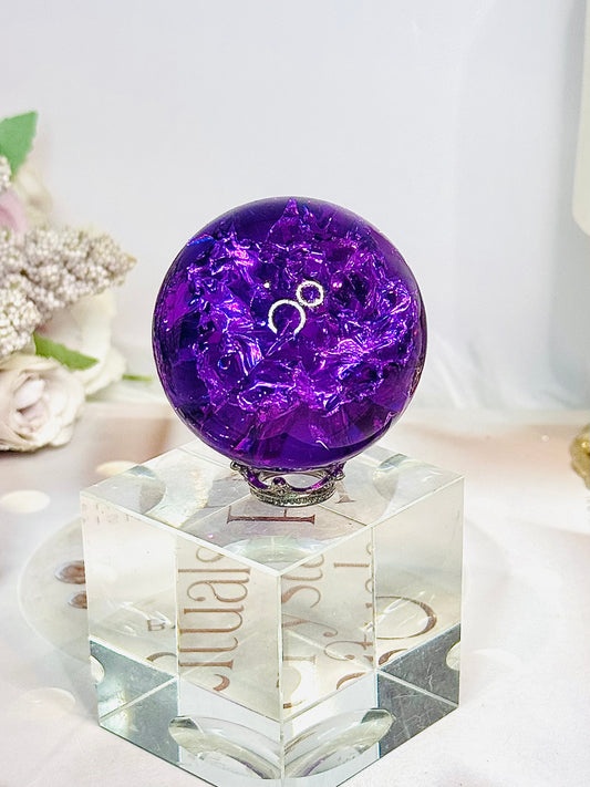 Purple Fire & Ice Crackle Quartz Sphere (dyed) On Stand 145g