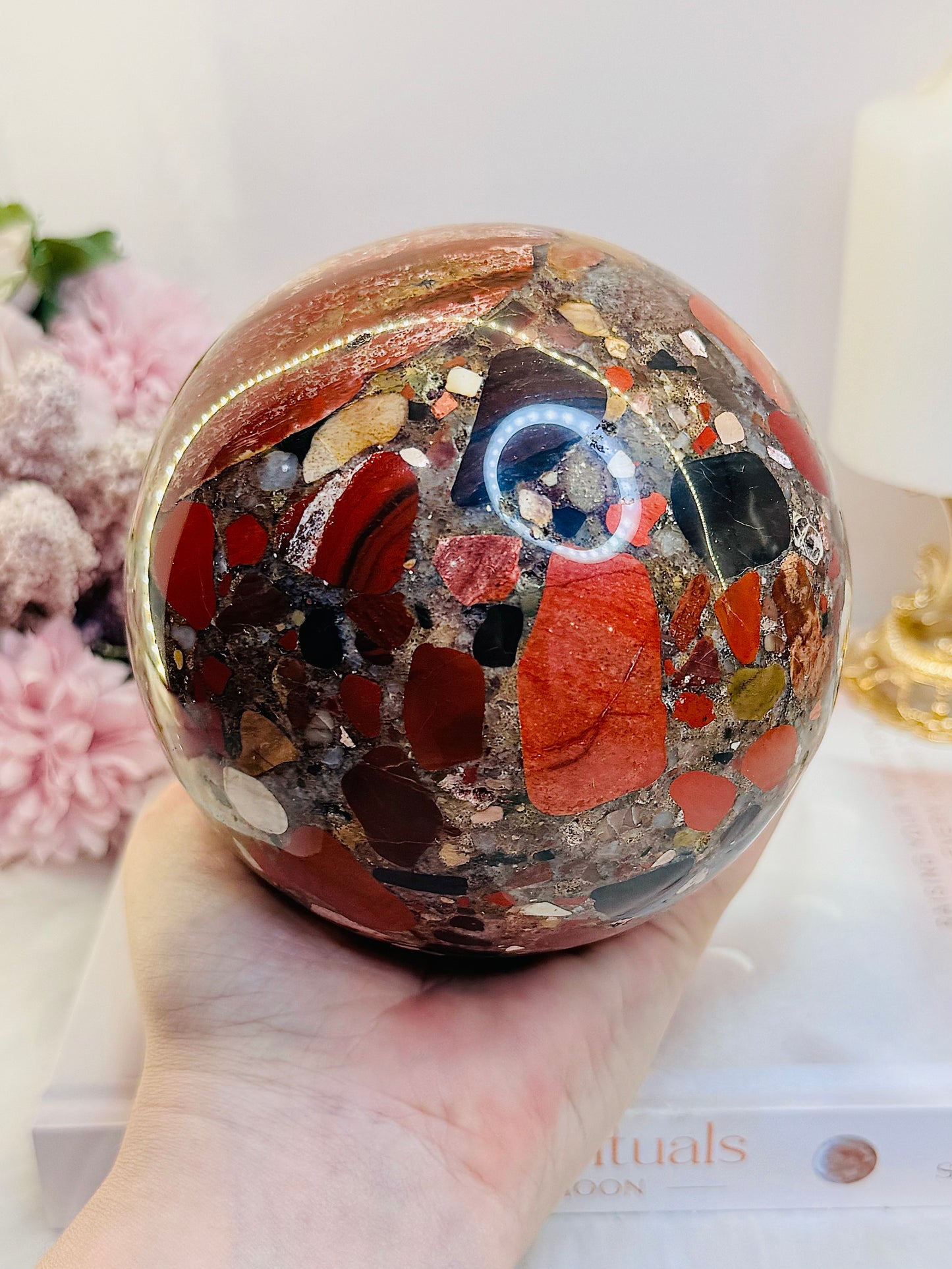 Huge Incredible Natural Puddingstone Sphere on Stand 11cm 1.93KG