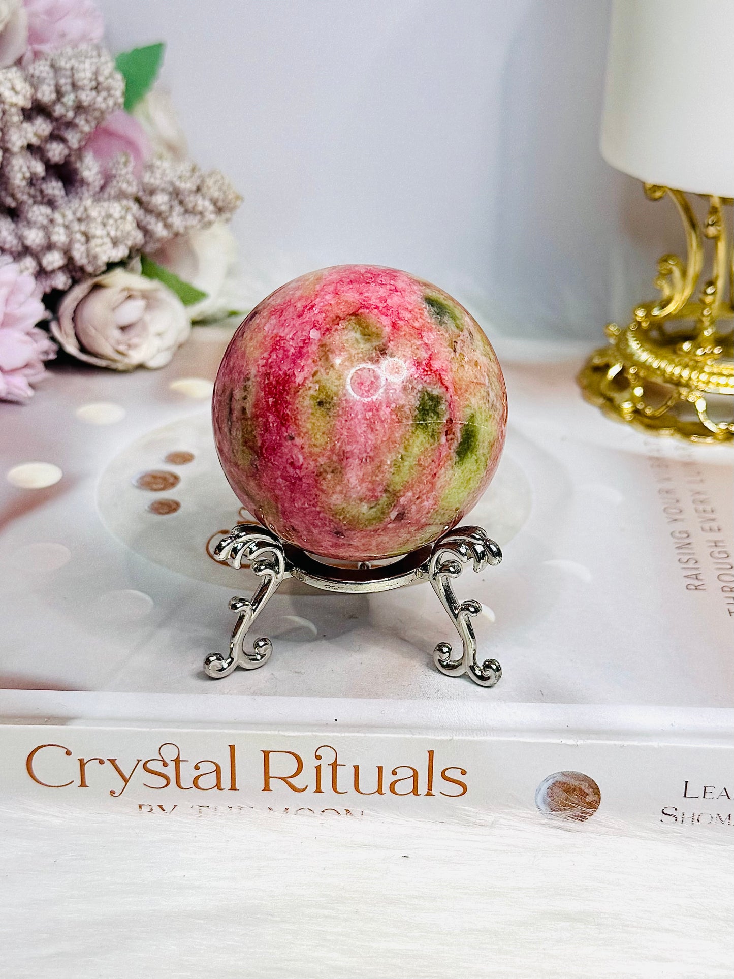 Thulite Sphere with Epidote 202g On Stand