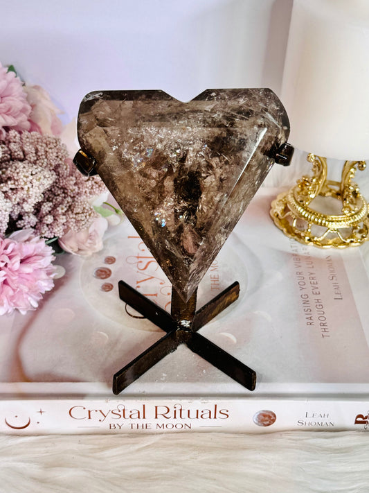 Fabulous Large High Grade AAA Grade Smokey Quartz Faceted Heart With Rainbows on Bronze Stand 13.5cm 476grams