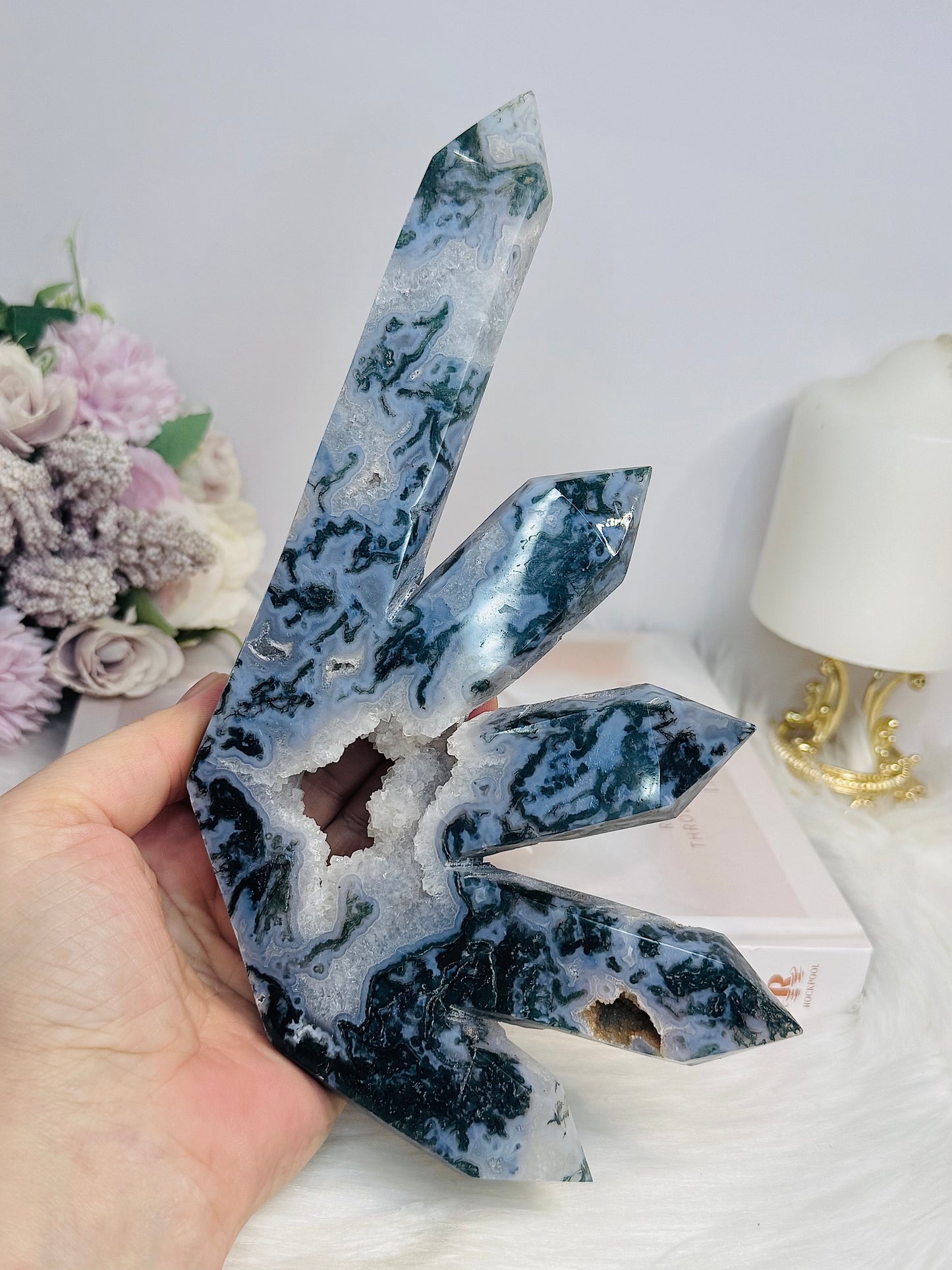Moss Agate Druzy 5 Point Tower 22cm 638g