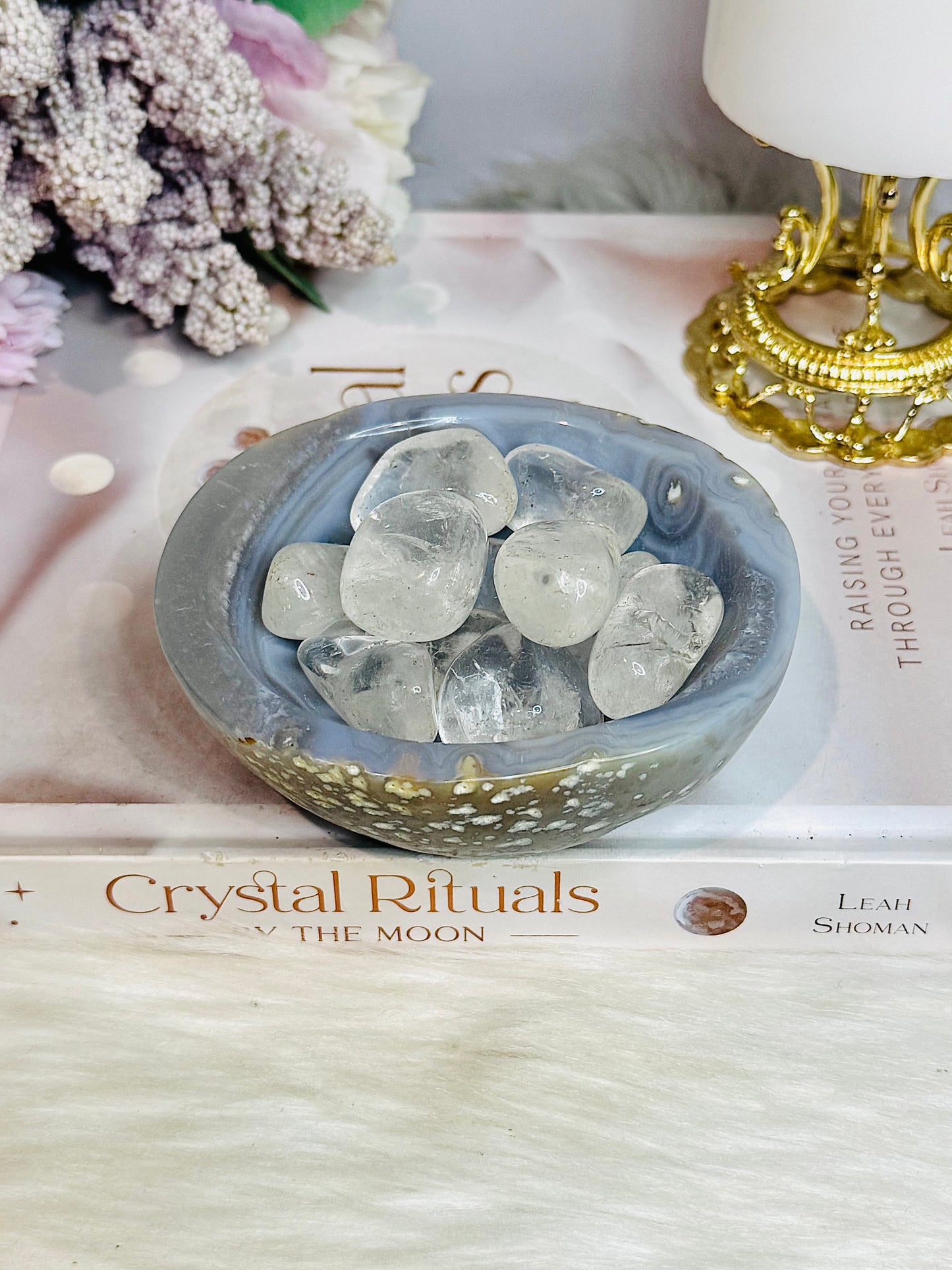 Natural Agate Carved Bowl Filled with Clear Quartz Tumbles 443g