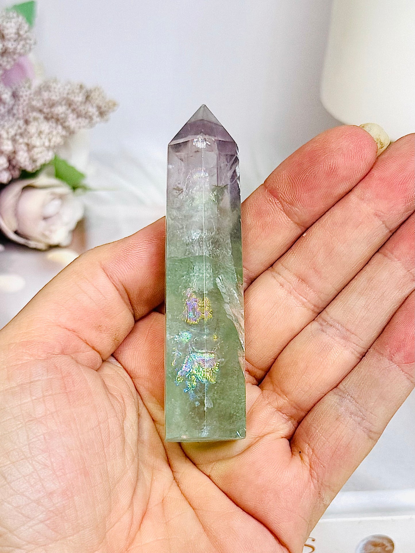 High Grade Fluorite Tower with Rainbows 8cm