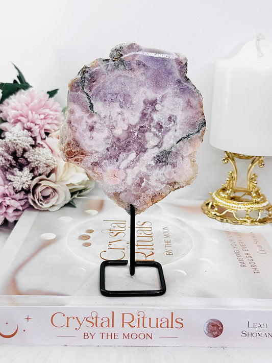 Calms The Mind ~ Stunning 17cm Pink Amethyst Natural Slab on Stand with Amazing Crystallisations