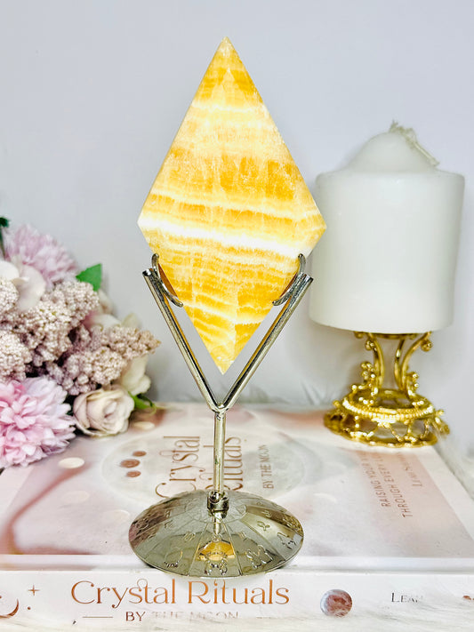 Tall 18cm Orange Calcite Carved Diamond On Stand