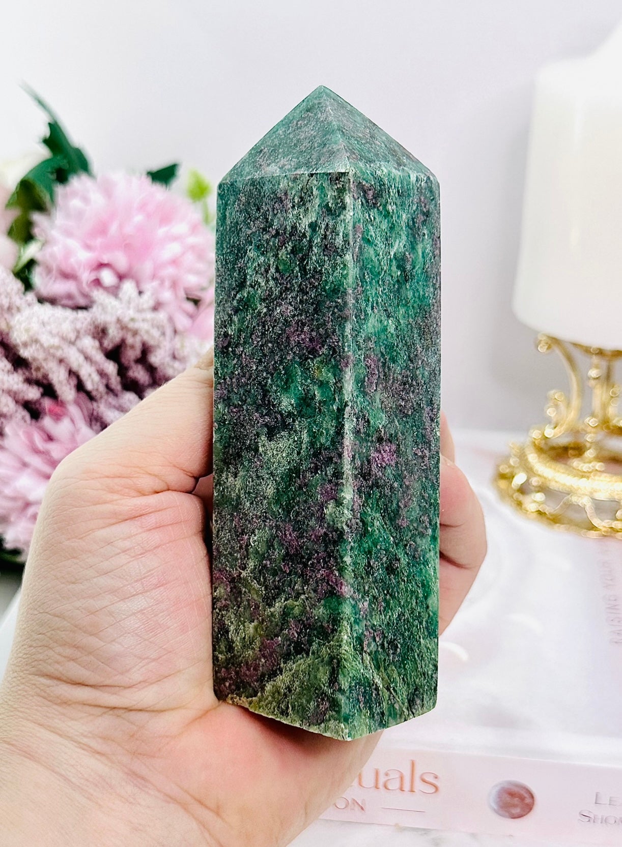 Stunning Shiny Green Mica Chunky Tower with Gorgeous Ruby Inclusions (Ruby Is UV Reactive) 13cm 335grams