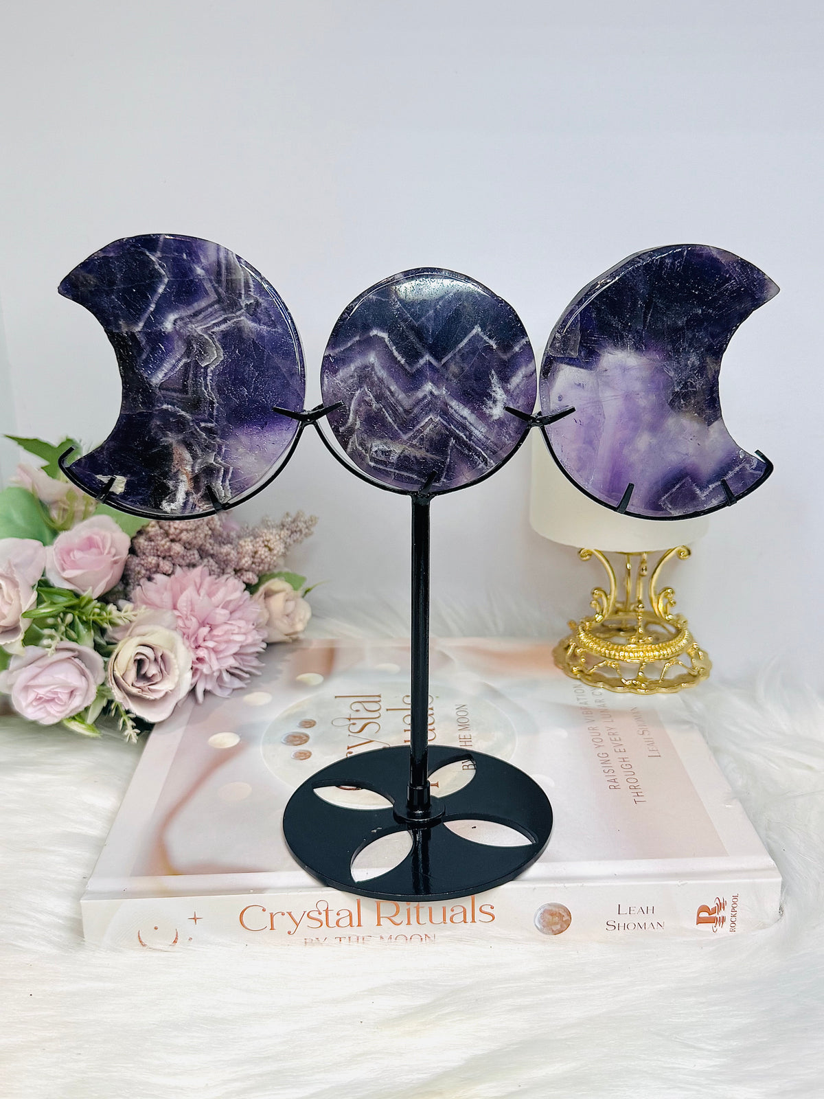 Large Chevron Amethyst Triple Moon On Stand H20cm x W21cm