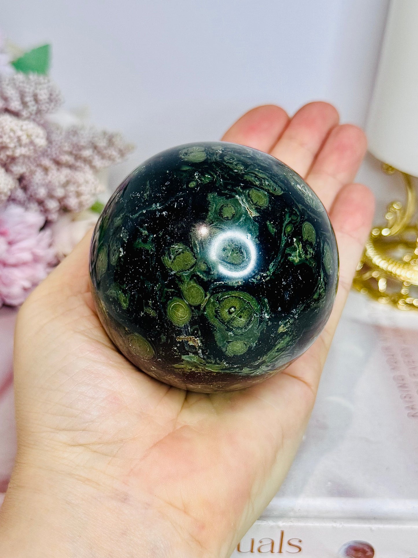 Large Green Kambaba Jasper Sphere on Stand 486g