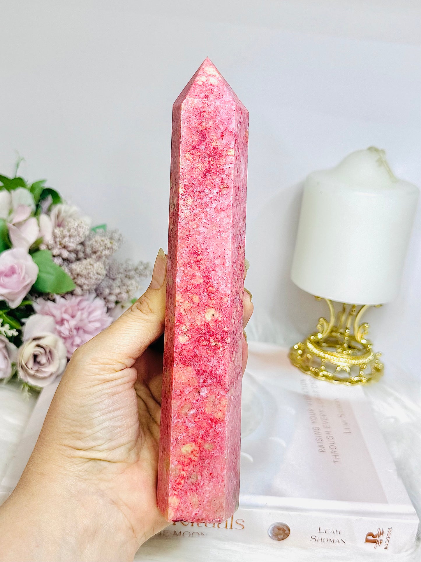 Rare Large Thulite Tower with Epidote Inclusions 20cm