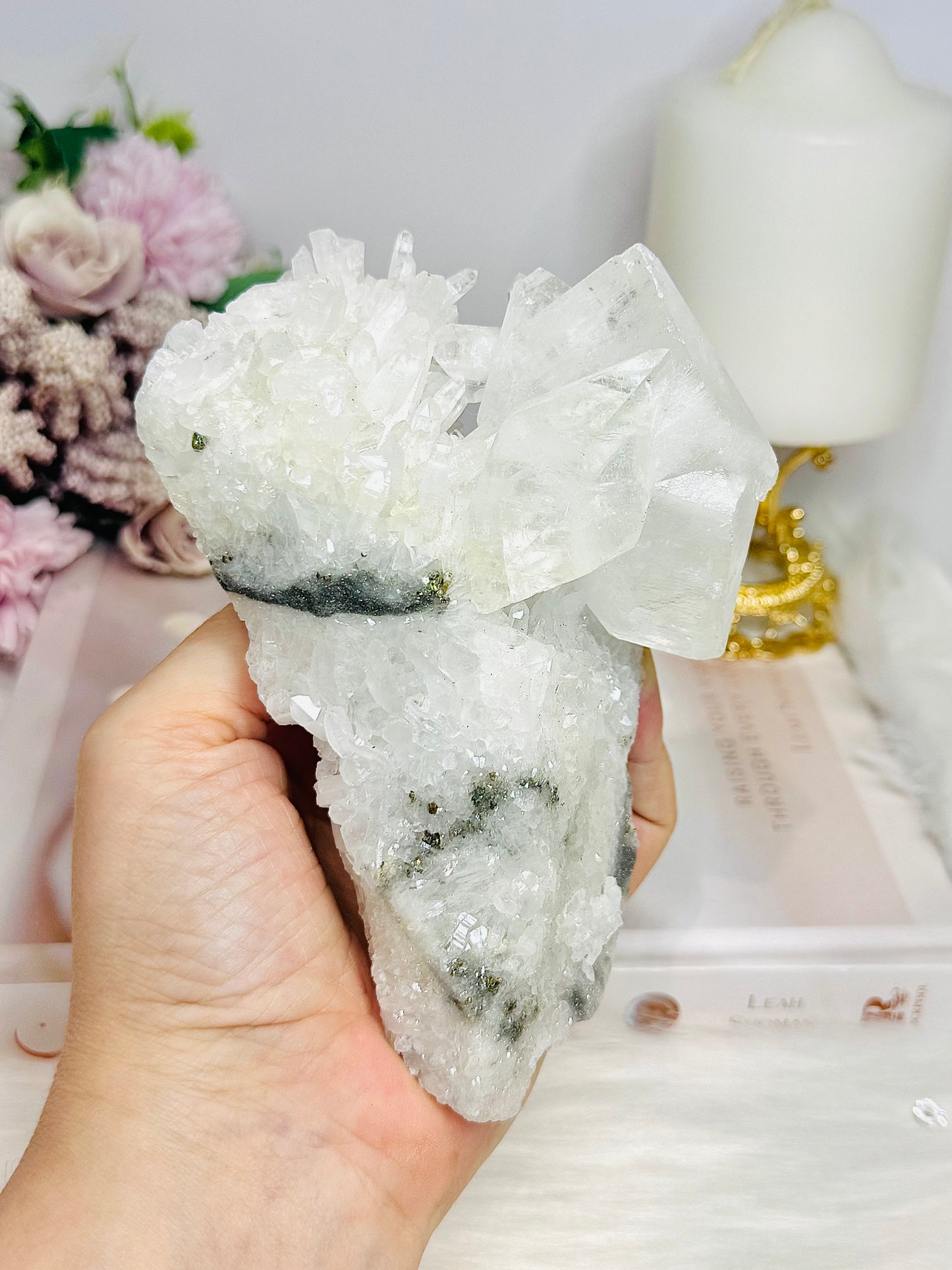 High Grade Clear Quartz Natural Cluster with Pyrite Inclusions 14.5cm 446g