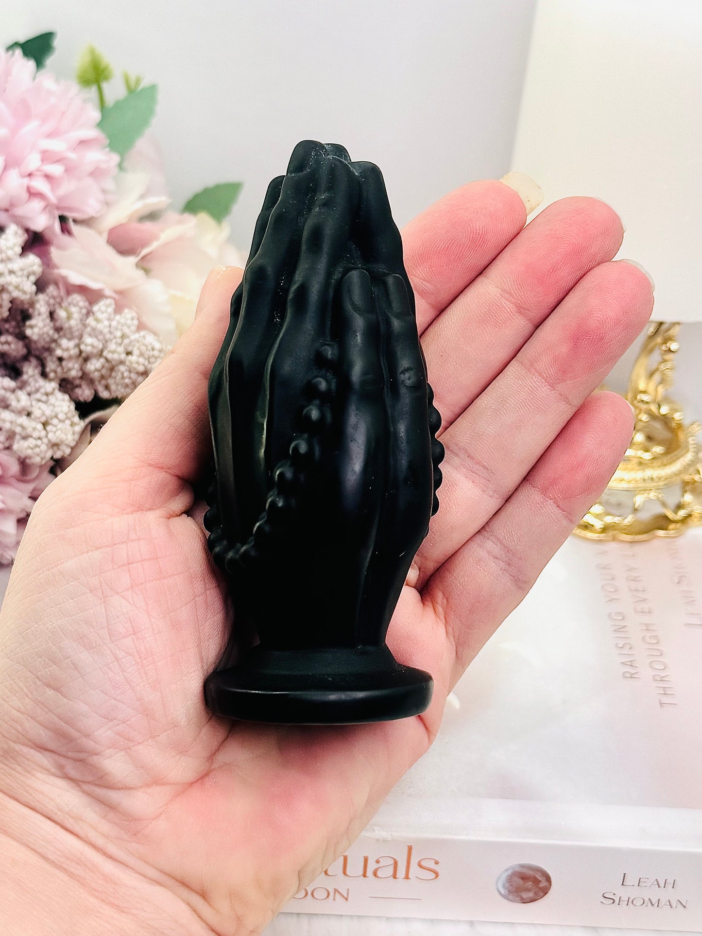 Beautiful Black Obsidian Carved Praying Hands with Beads 11cm