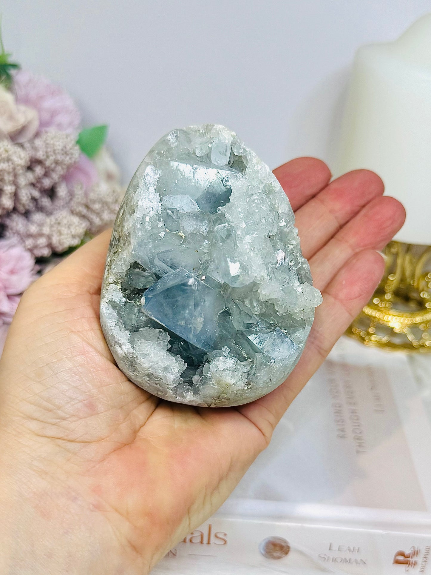 Large Blue Celestite Egg On Stand 521g