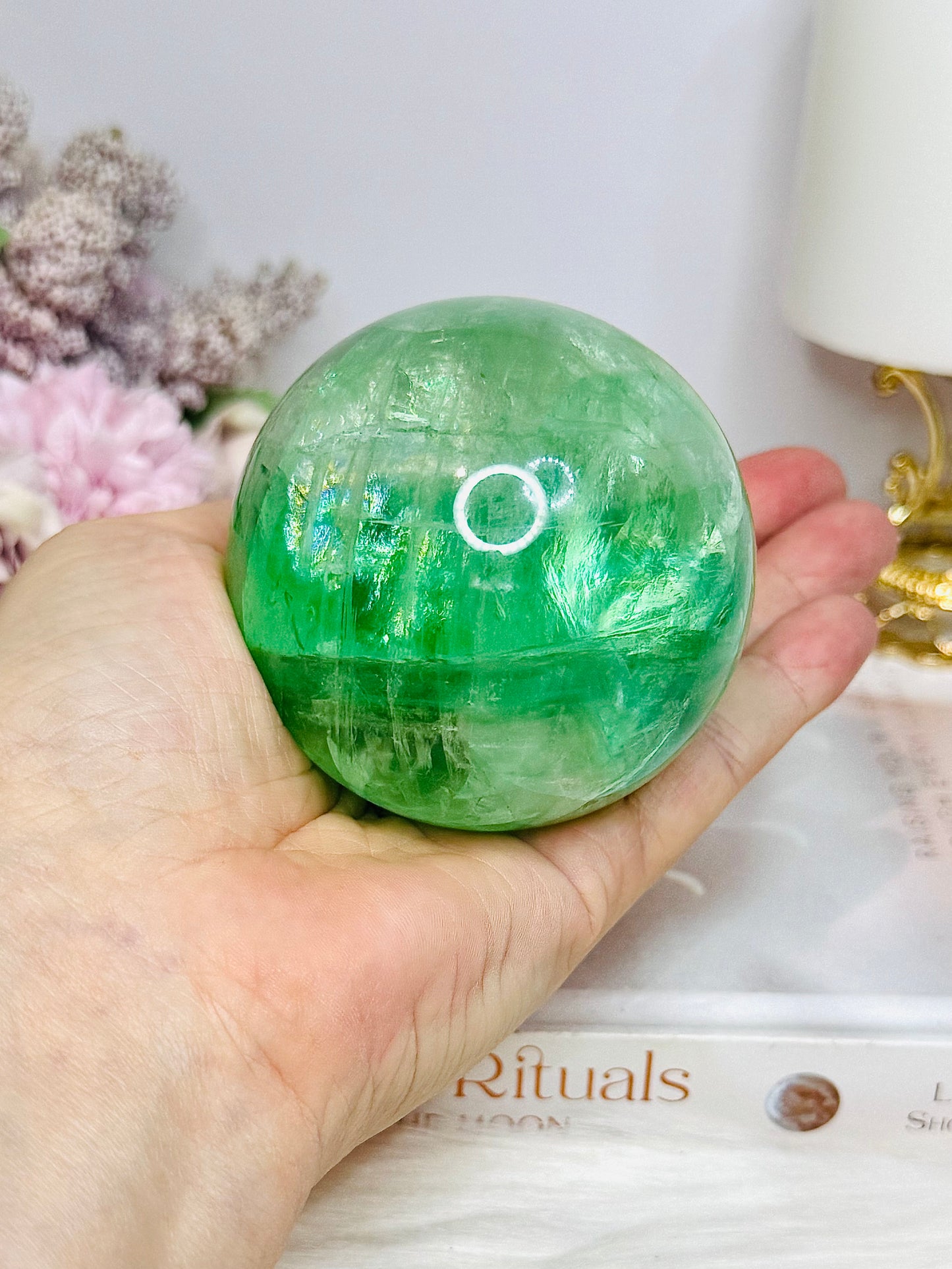 Large Green Fluorite Sphere Full of Rainbows 557g