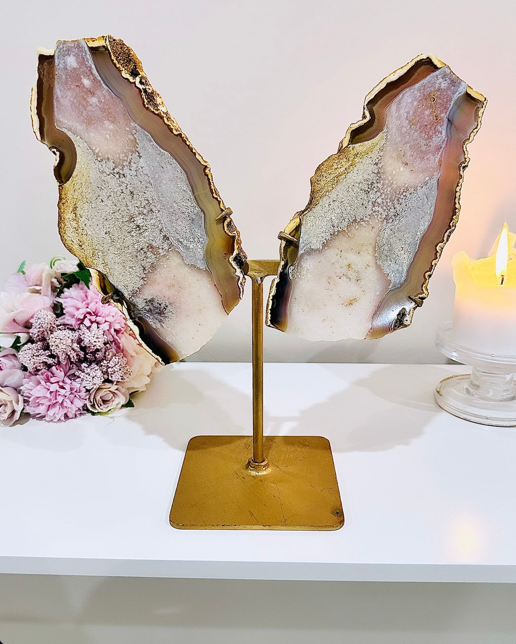 Wow!!! Absolutely Fabulous Huge 29.5cm (Inc Stand) Gorgeous Pink Amethyst Agate Wings On Gold Stand From Brazil