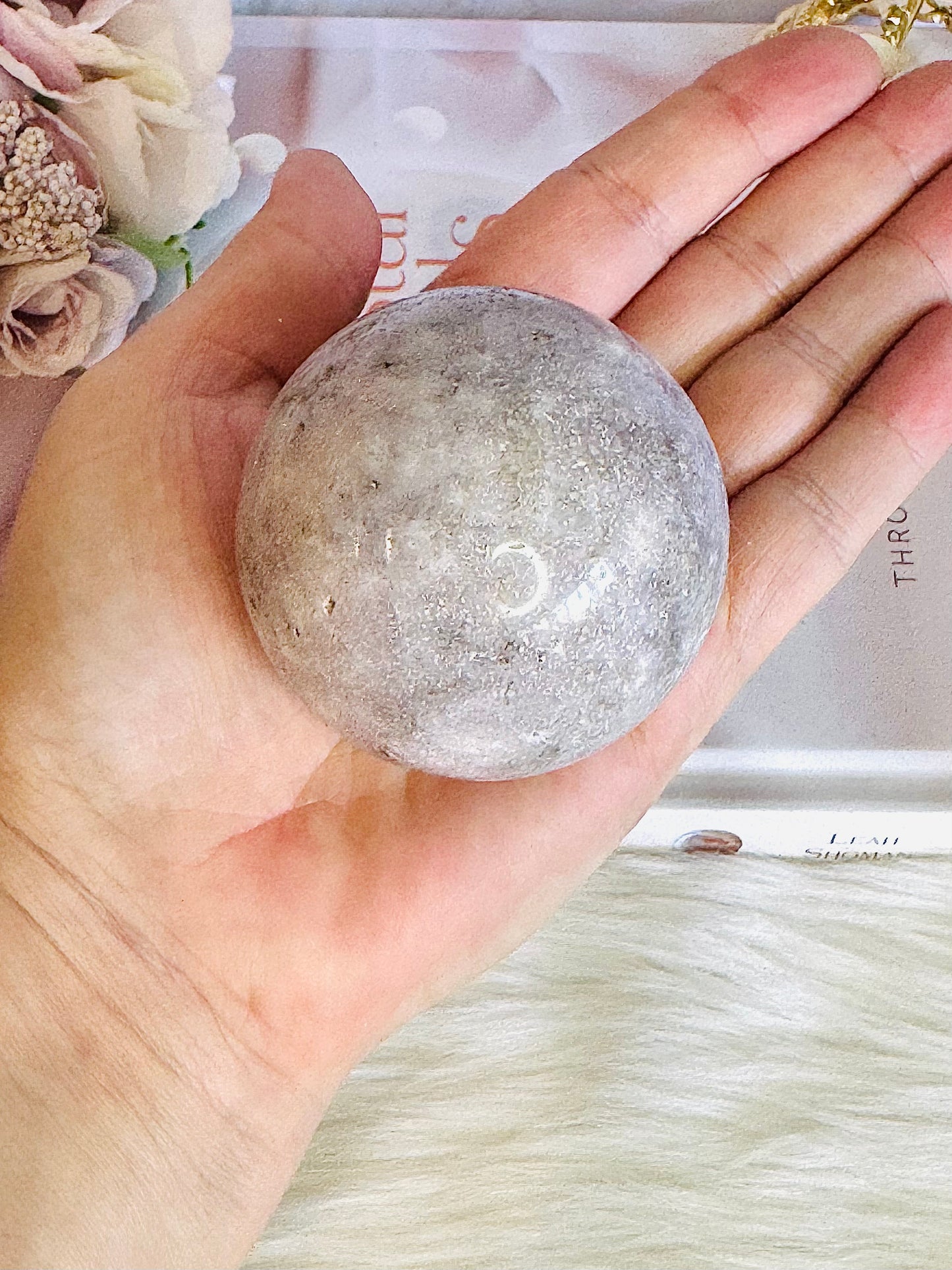 Natural Pink Amethyst Carved Sphere with Green Jasper Druzy on Gold Crown Stand