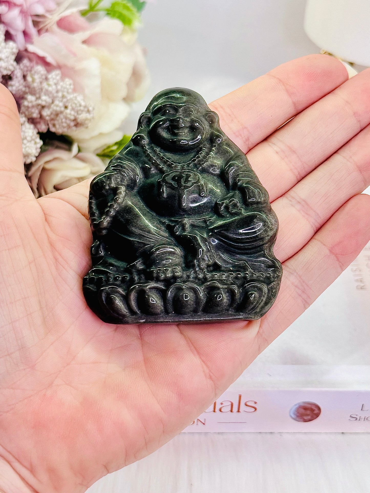 For Protection ~ Beautifully Carved 7cm Silver Sheen Black Obsidian Buddha