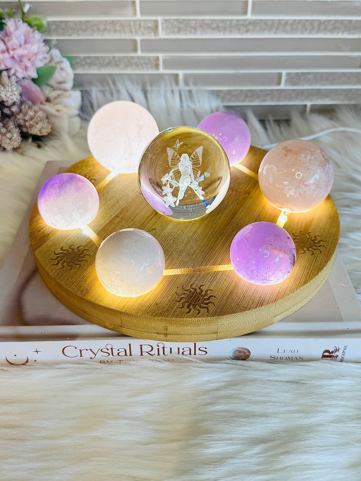 Feminine Energy ~ Large Light Stand 20cm with Glass Fairy Sphere, 3 Amethyst Spheres, Rose Quartz Sphere & 2 Pink Amethyst Spheres