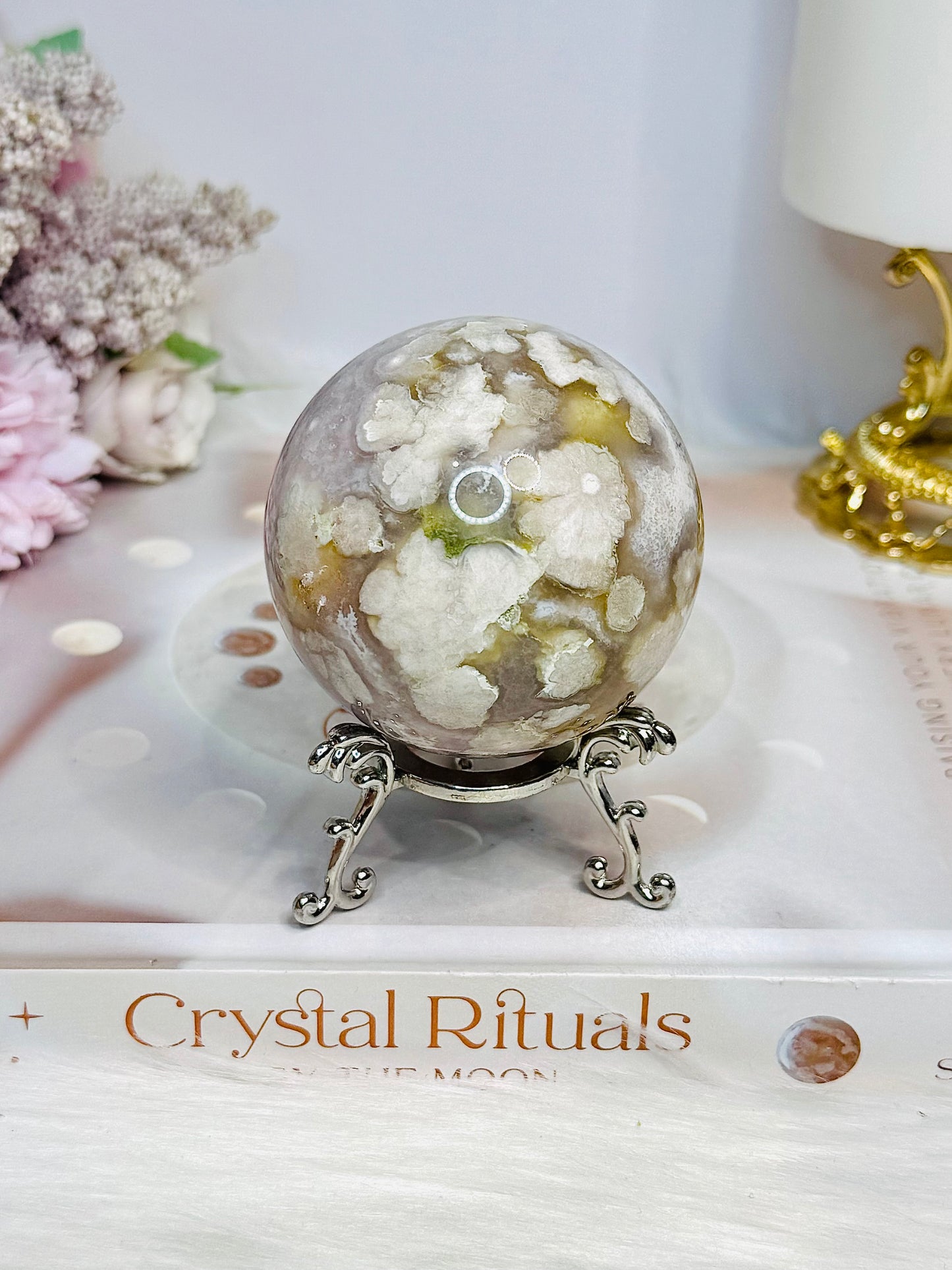 Flower Agate X Amethyst Sphere on Stand 280g