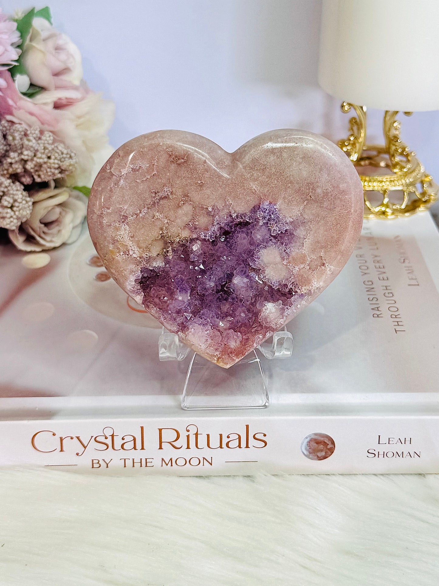 Fabulous High Grade Druzy Pink Amethyst Carved Heart 10cm On Stand