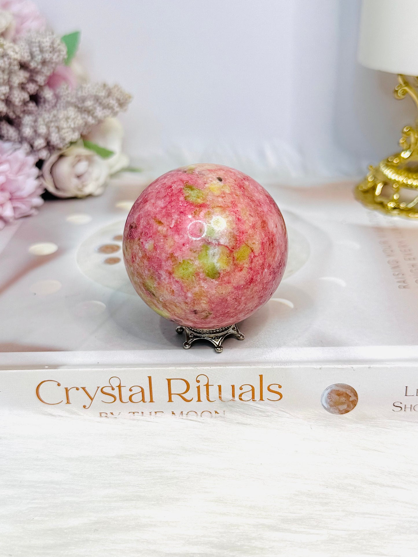 Thulite Sphere with Epidote 199g On Stand